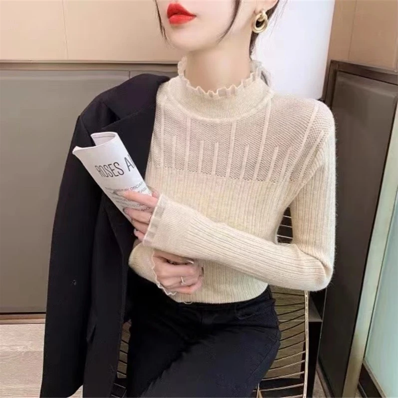 2024春秋新款钢琴纯色蕾丝拼接套头打底衫女上衣百搭半高领6601