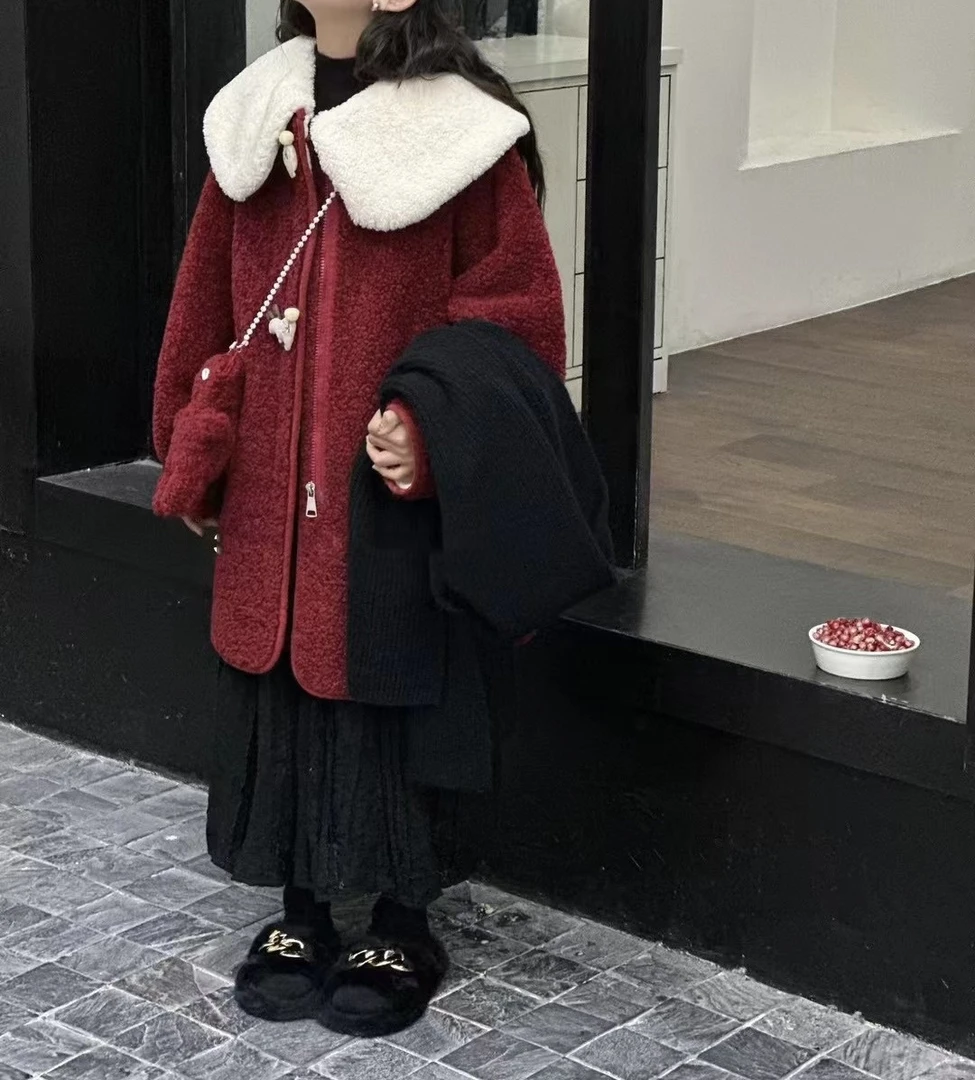 厚款娃娃领2024新款呢大衣上衣韩版加绒儿童中长款童装红色