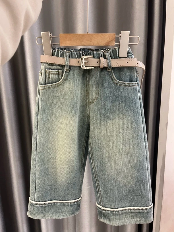 韩版女童加绒牛仔裤24冬季新款宽松直筒洋气百搭加绒加厚长裤