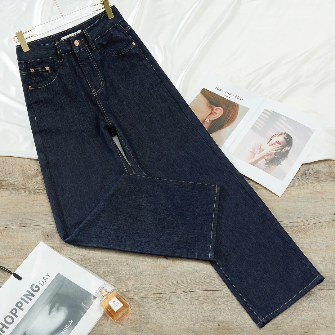 夏季A窄版阔腿长裤单粒扣百搭休闲时尚高腰薄款牛仔裤宽松潮流