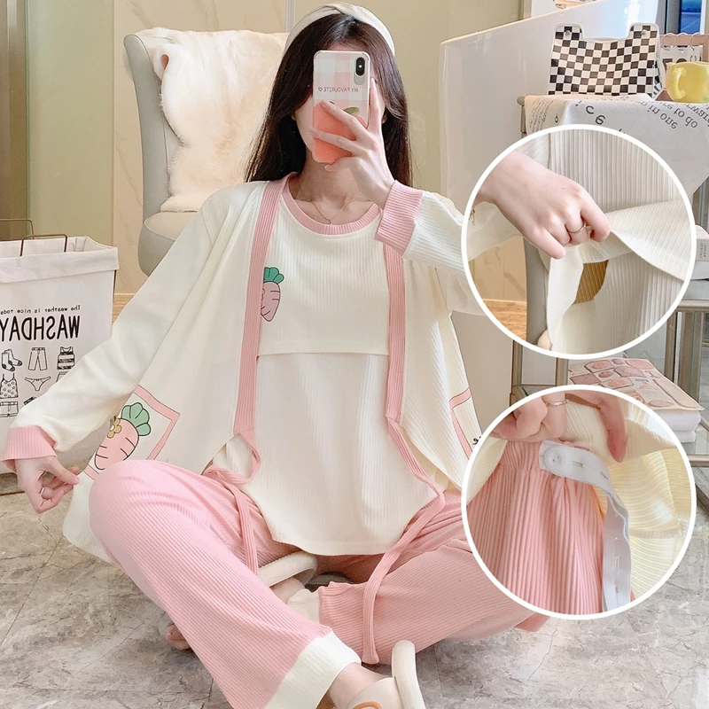 月子服三件套春秋夏季大码孕妇装产后哺乳期母乳喂奶睡衣产妇夏天