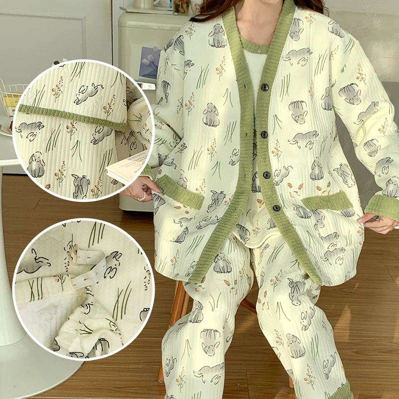 三件套睡衣女冬季孕妇大码300斤月子服11月12女生产后哺乳家居服