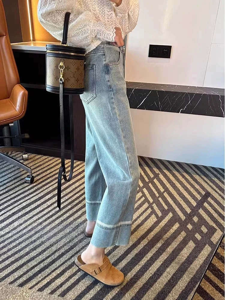 高腰直筒牛仔裤女2025秋季新款大码胖mm百搭遮肉九分阔腿牛仔裤子