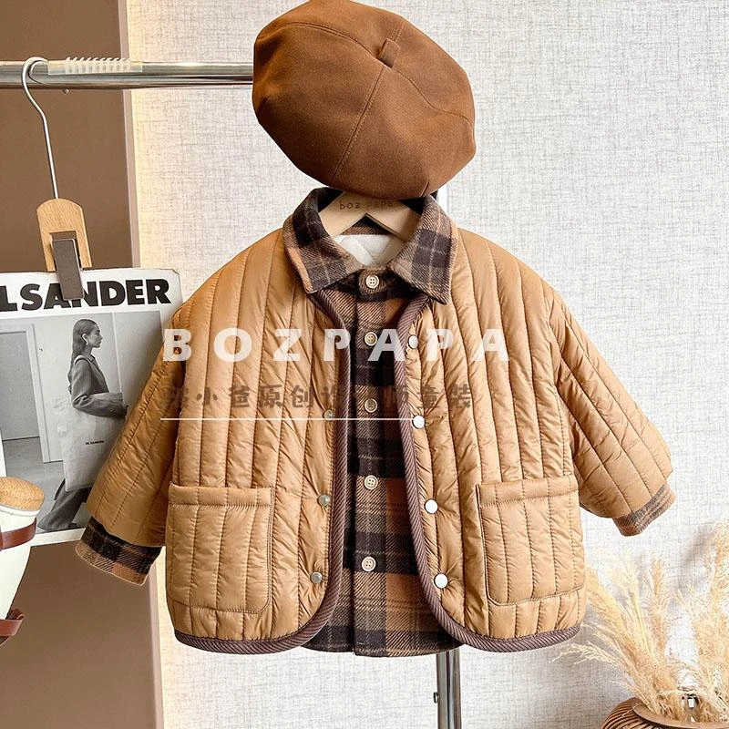 【夹心松饼】假两件夹棉外套2024新款加厚格纹拼接韩版冬季棉服