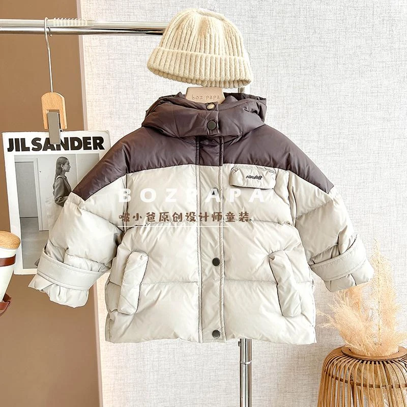 啵小爸【牛奶慕斯】2024春秋冬季男童韩系连帽拼色90白鸭绒羽绒外套