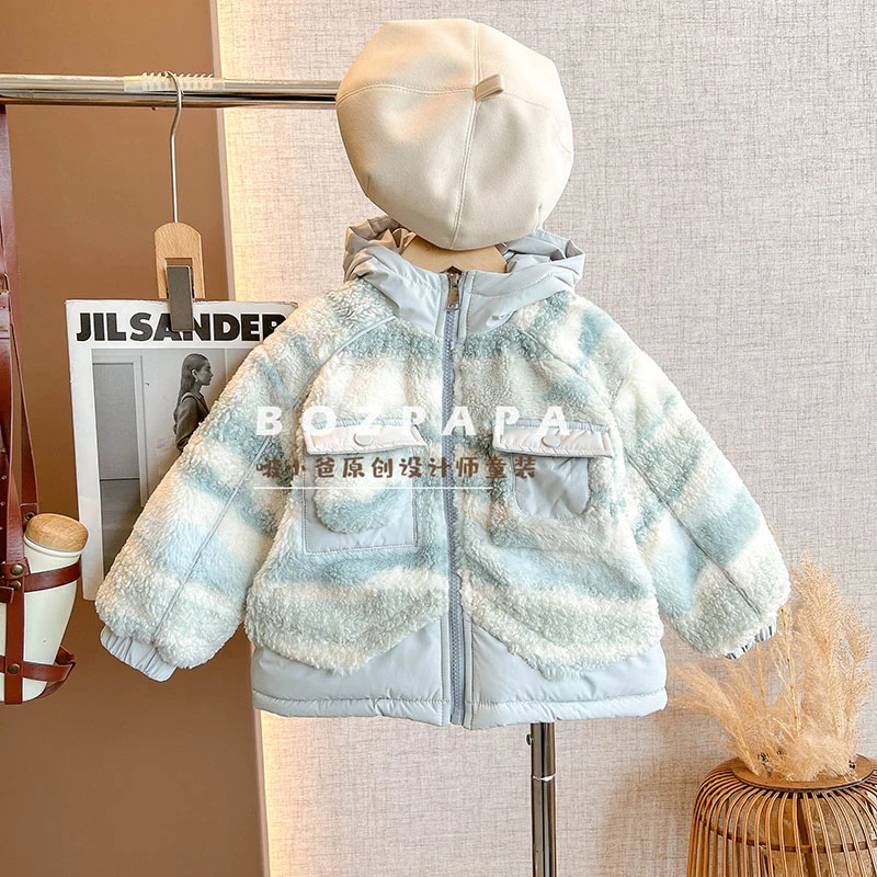 现货啵小爸【蓝田生香】2024春秋冬季男童连帽条纹毛绒夹棉加厚外套