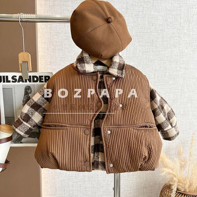 设计师【焦糖可颂】韩版2025新款加厚夹棉格纹衬衫冬季两件套