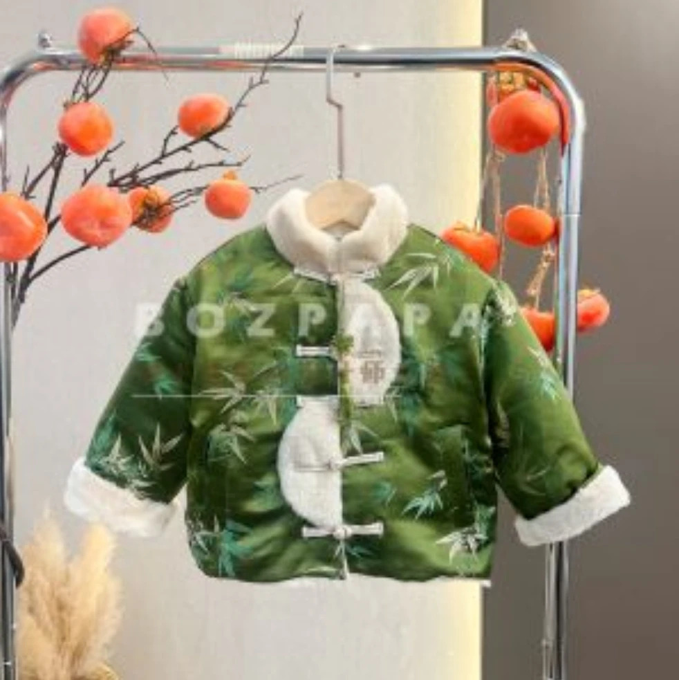 【山间照竹】新中式毛立领拼接半圆绒毛外套