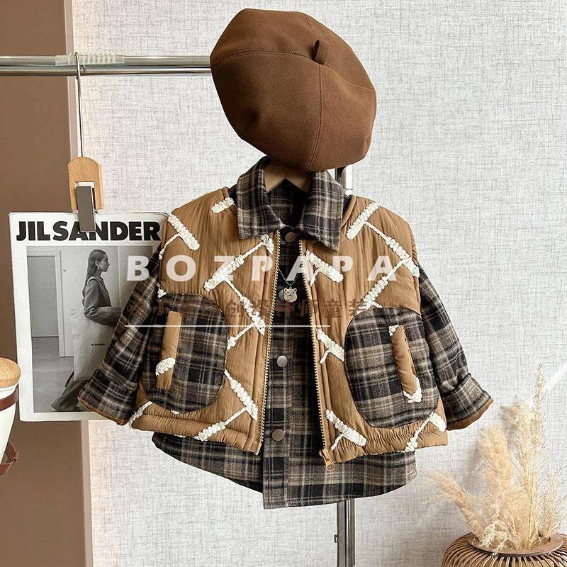 【春秋收冬藏】夹棉上衣套装2024冬季新款格纹加绒加厚衬衣外套