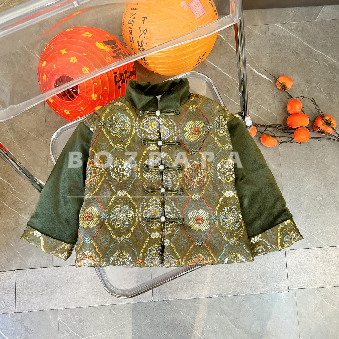 【翡翠绿意】拜年服新中式国潮男宝女宝冬季立领珍珠扣拼接外套