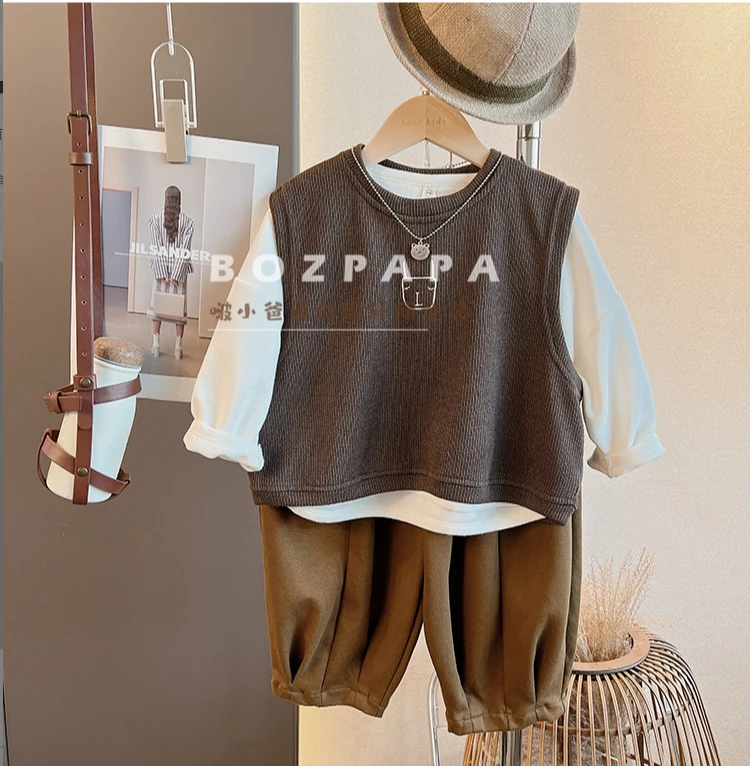 【套装】BOZPAPA森系简约刺绣男童马甲2024春款儿童马甲套装