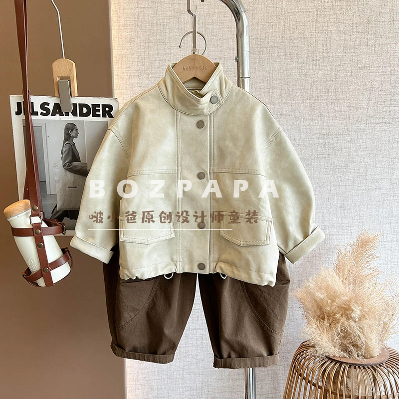 现货【椰椰巴斯克】韩版款新款春秋韩范痞帅小男童装洋气纯色皮衣
