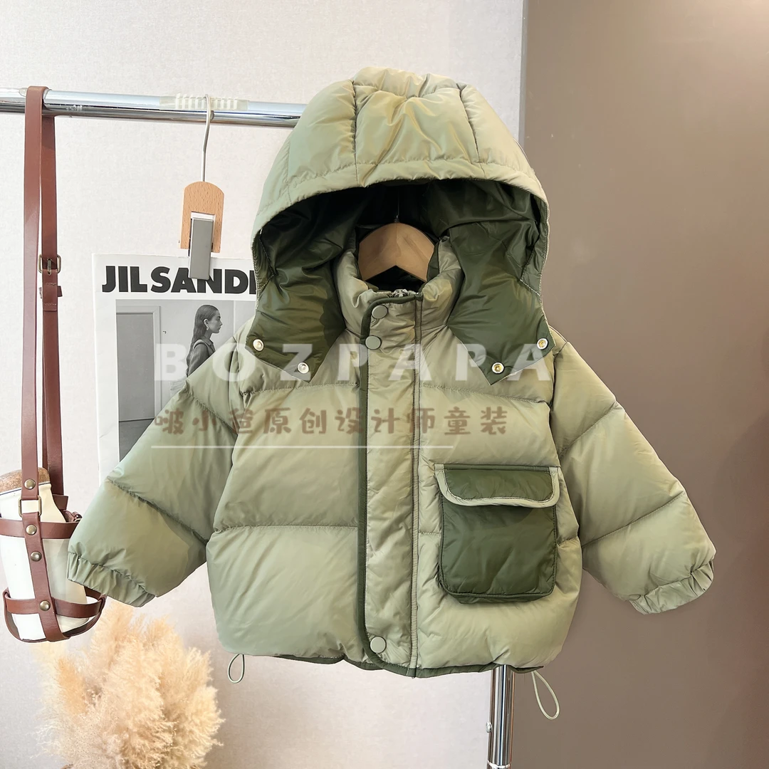 现货【画意抹茶】冬季男童宝宝连帽撞色侧边立体口袋羽绒服外套