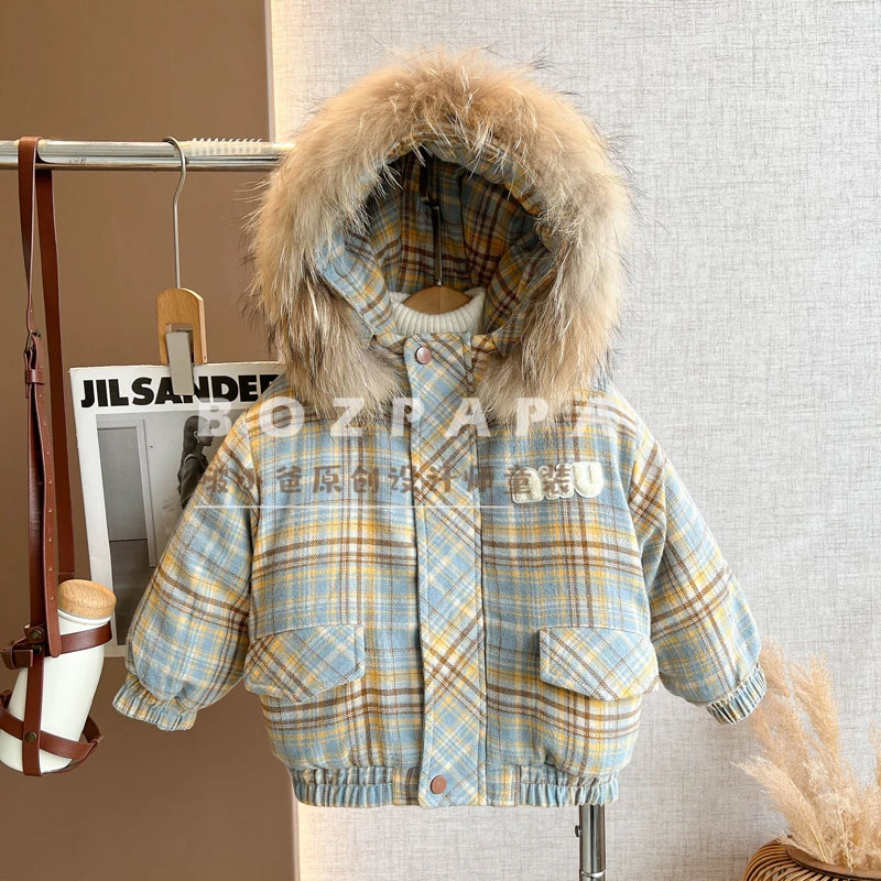 现货【奶油香蕉船】儿童加绒加厚保暖冬季韩版连帽毛毛领棉服外套