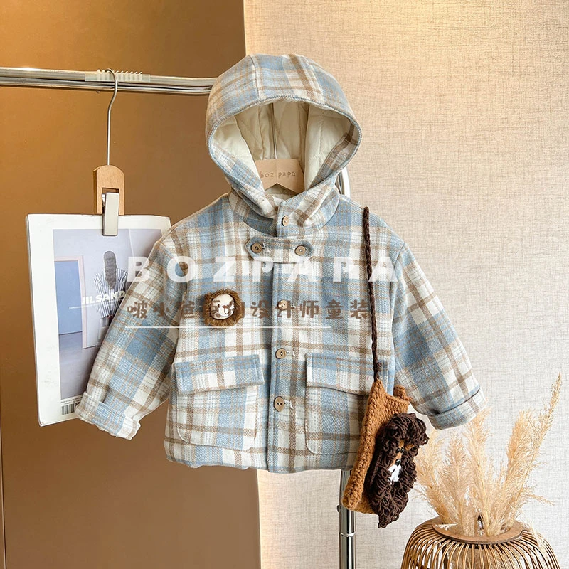 现货【蓝天幼狮】呢子外套2024秋季新款格纹时髦洋气韩版男宝外套