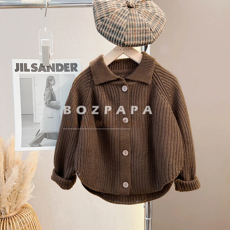 现货【榛果摩卡单件】上衣前短后长翻领毛衣男童春秋季针织开衫外套