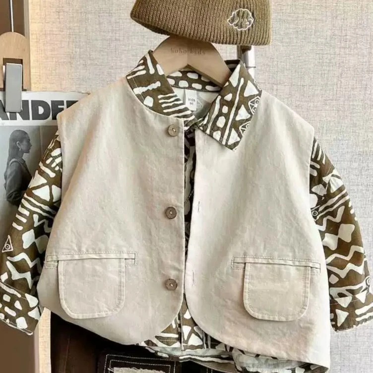 现货【白色温柔】韩版马甲男童2025春秋新款儿童排扣开衫两件套