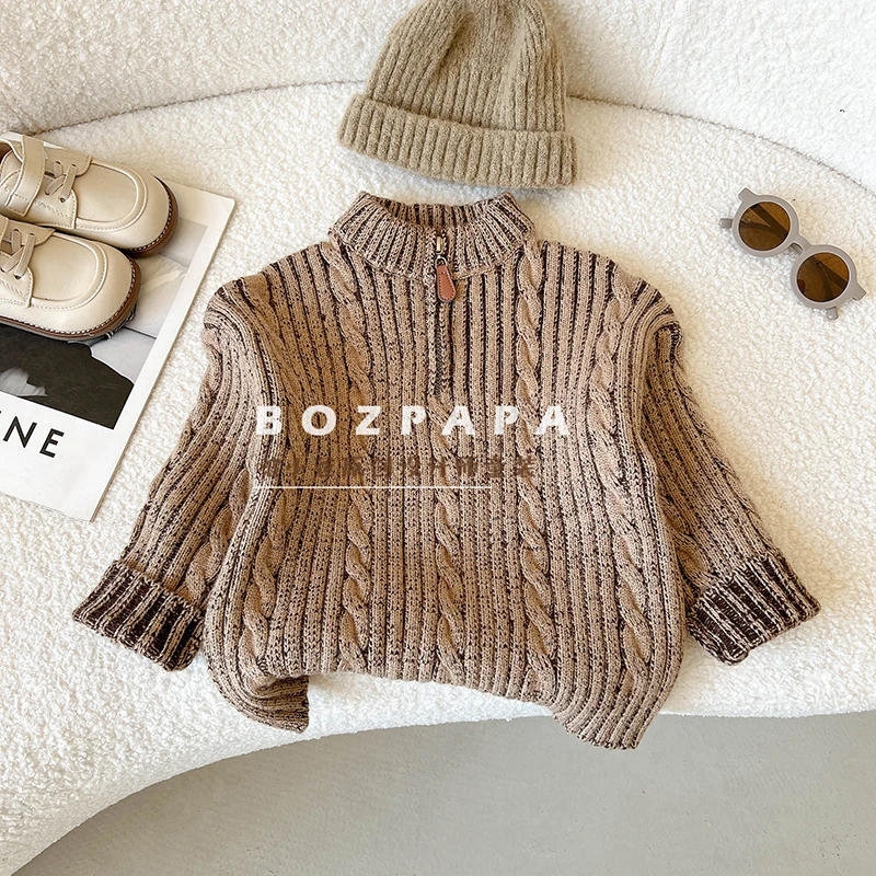 【庄园风华】针织毛衣2024新款冬季韩版儿童休闲加厚圆领拉链套头