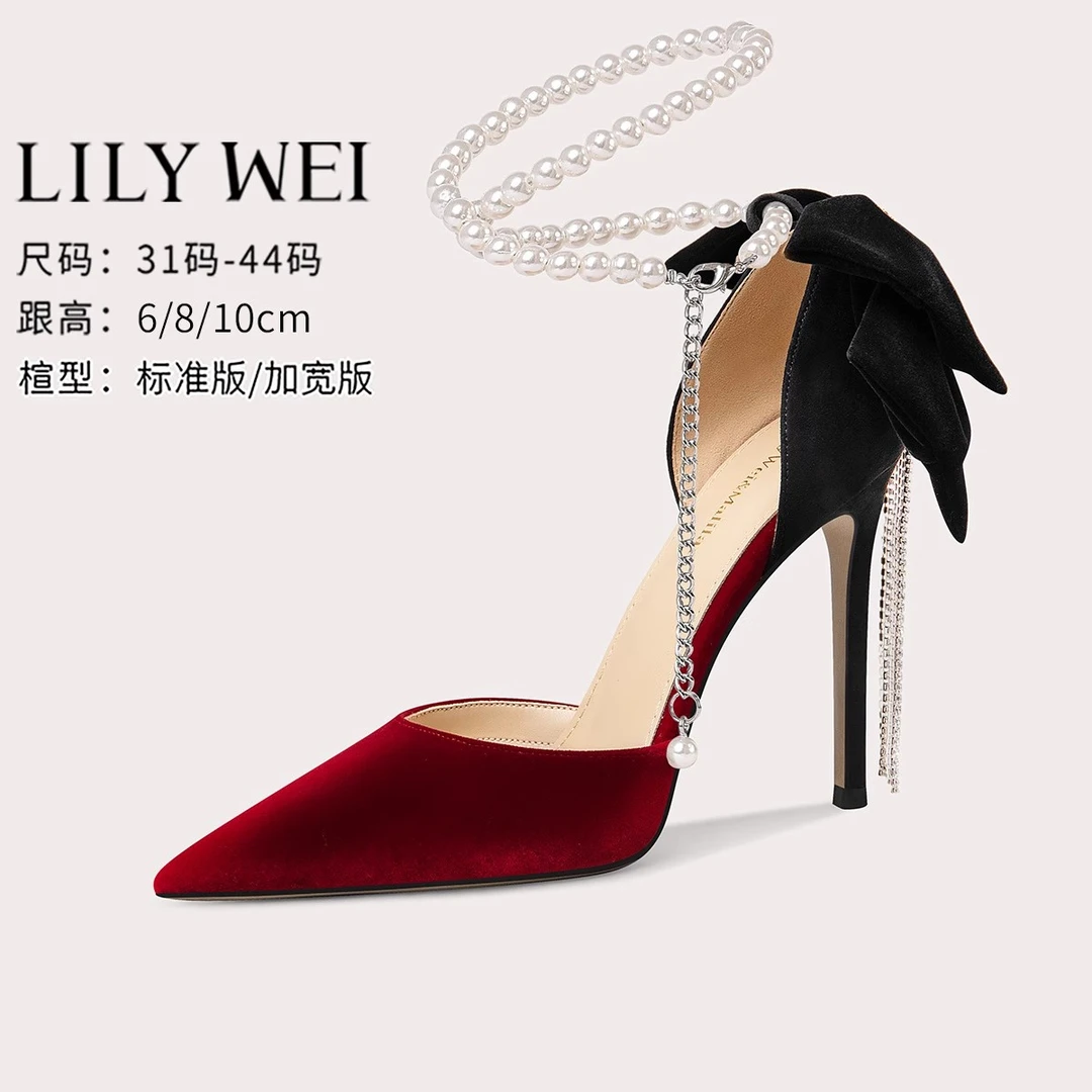 LilyWei包头凉鞋女2025新款夏季外穿珍珠蝴蝶结高跟鞋小码313233