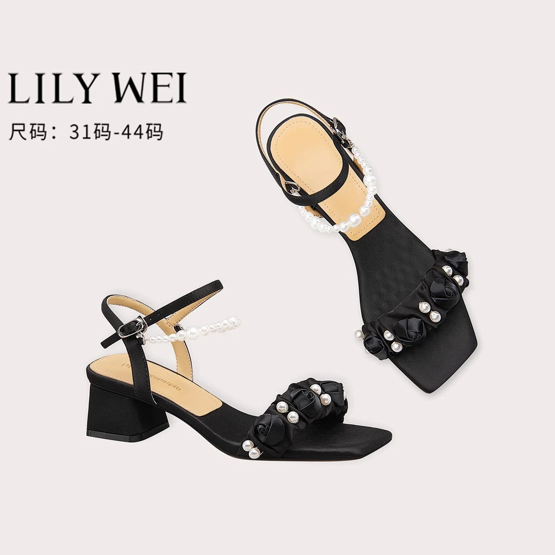 LilyWei黑色高跟鞋女2025新款夏天露趾凉鞋外穿时尚百搭大码41-43