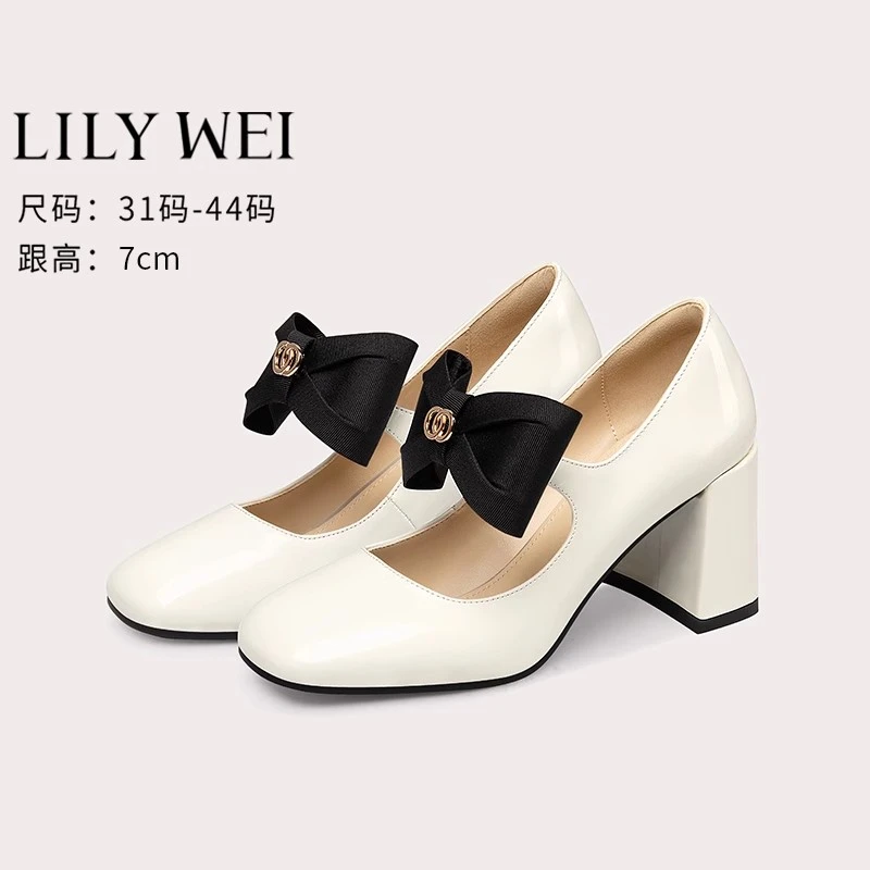 Lily Wei法式千金风玛丽珍鞋甜美蝴蝶结单鞋7cm高跟鞋小码313233