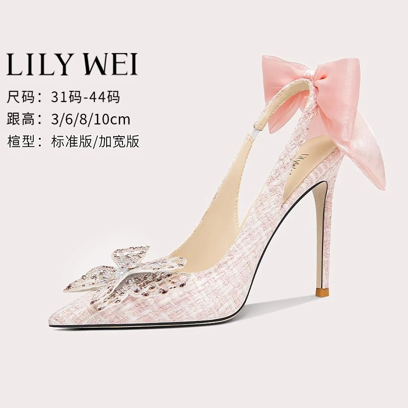 Lily Wei【落入凡间】粉色高跟鞋蝴蝶结后空凉鞋少女感小码313233
