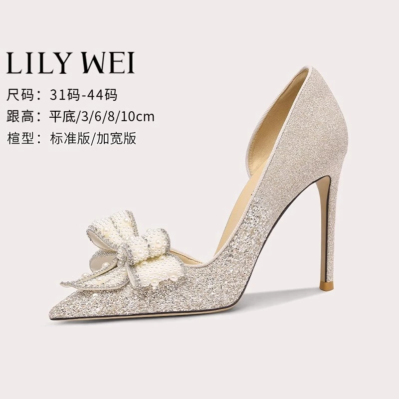Lily Wei【百合】法式高跟鞋女珍珠蝴蝶结女单鞋大码41一43婚鞋