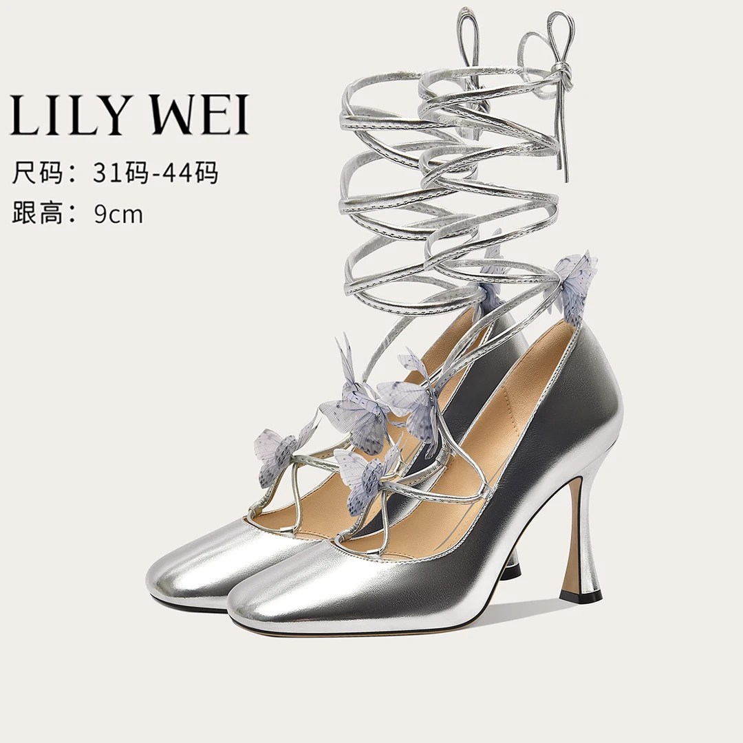 Lily Wei2024新款小众银色蝴蝶缠绕绑带高跟鞋34小码仙女鞋313233