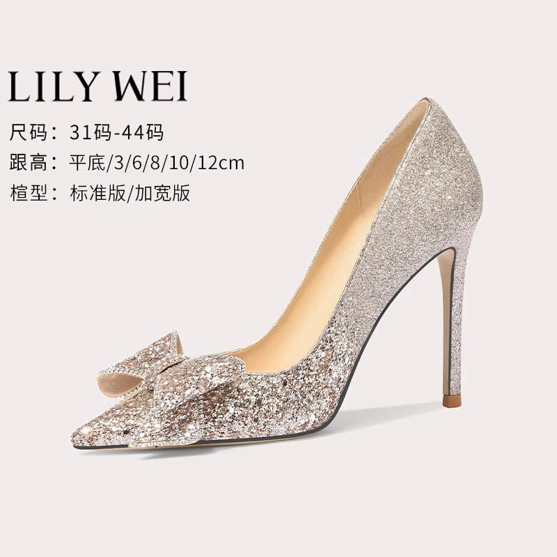 Lily Wei香槟色婚鞋秀禾鞋尖头高跟鞋女蝴蝶结大码小码女鞋绝美水