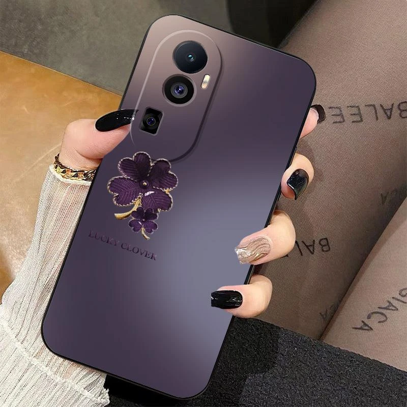 适用opporeno10手机壳暗紫色四叶草全包液态硅胶高级感创意新款防