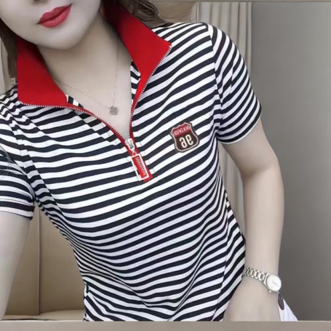 条纹气质立领短袖t恤女遮肉polo衫百搭时尚显瘦有领妈妈上衣翻领