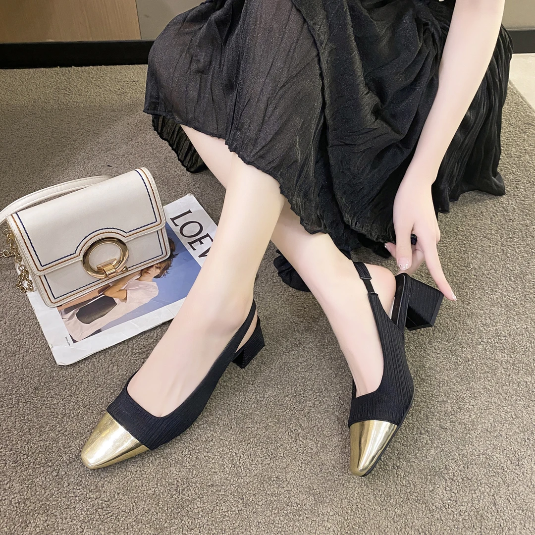 小香风粗跟高跟鞋法式小凉鞋女2024春夏季新款气质尖头单鞋配裙子