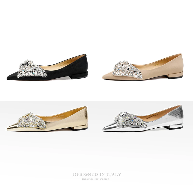 【跟高2cm】2024年春季新款水钻蝴蝶结浅口尖头平底低跟单鞋