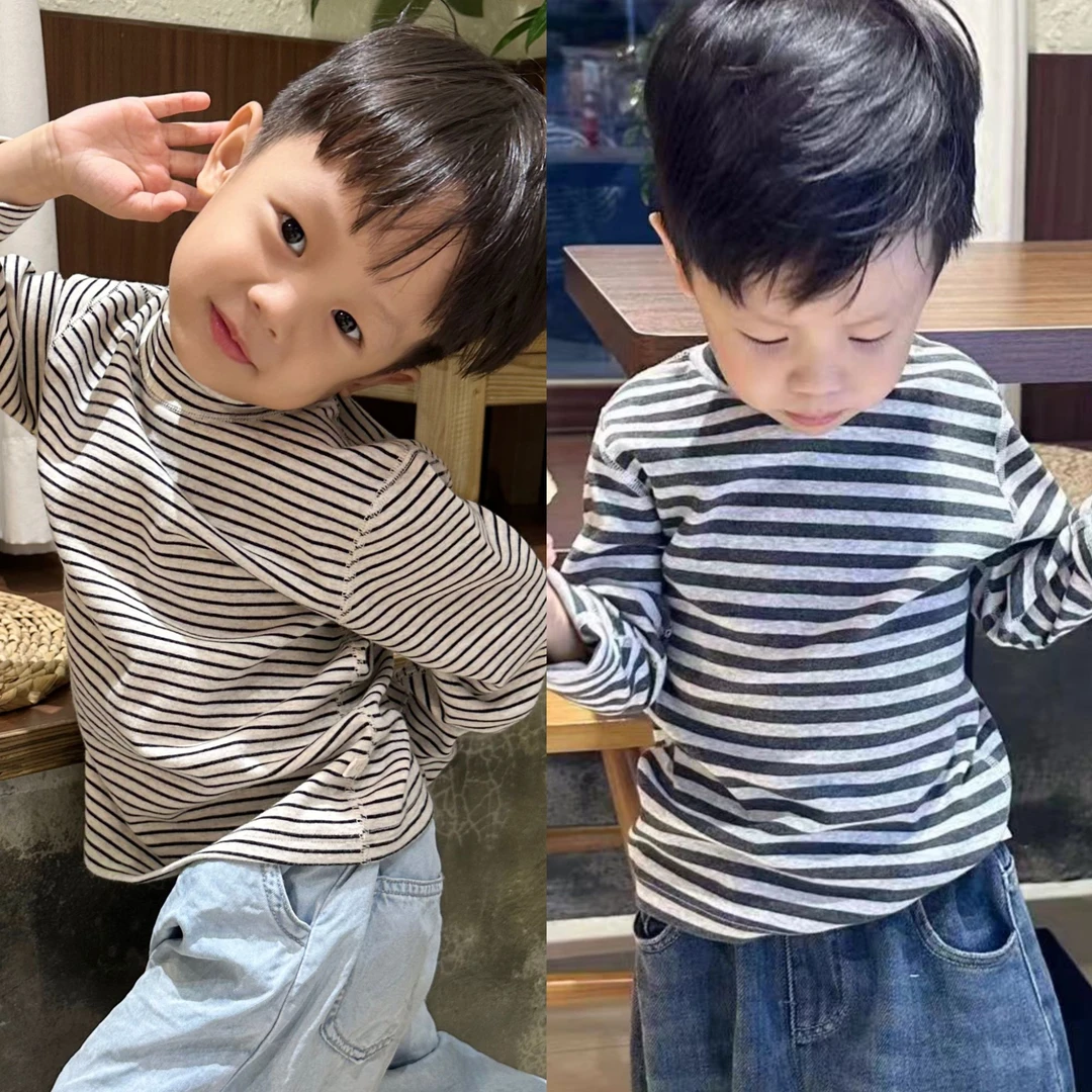 95棉300克半高领条纹洋气儿童冬季2024新款小童韩版街童装长袖