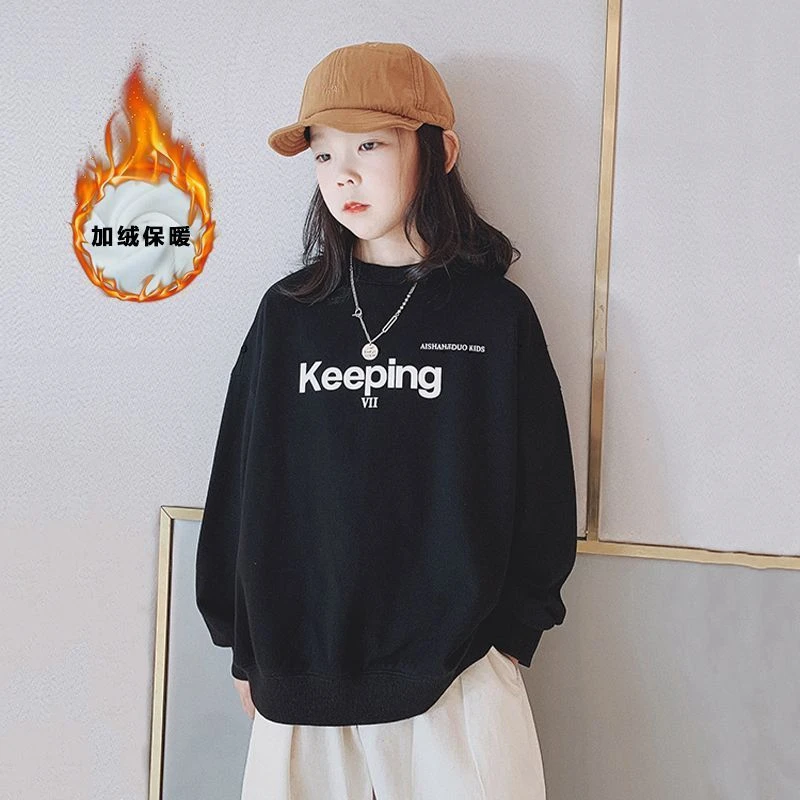 春秋新款秋季爆款女童加绒卫衣宽松圆领韩版长袖卫衣大童加厚秋装