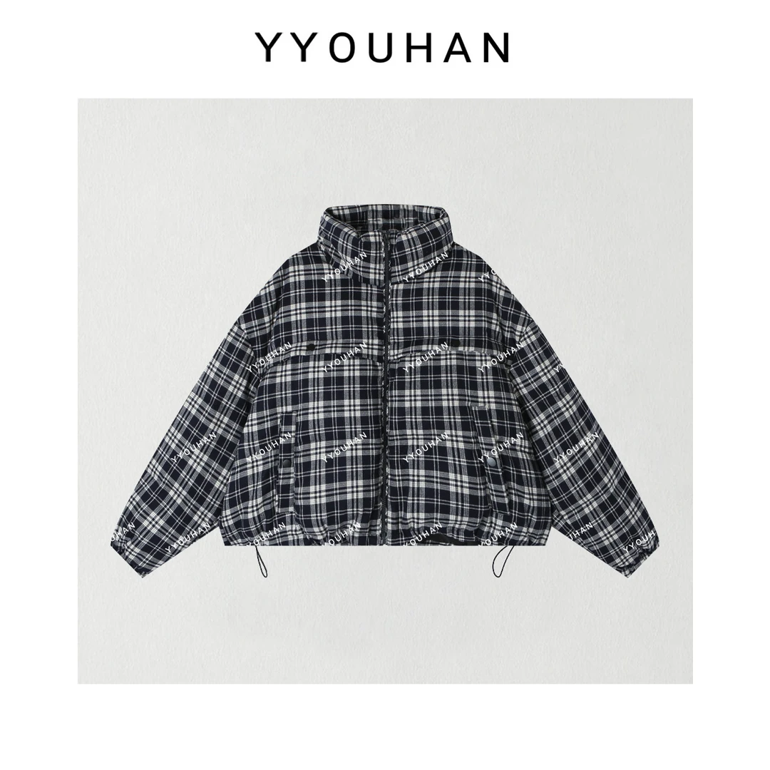 月月不吃鱼小众设计极简风藏青格纹休闲百搭立领羽绒服 2410B4962