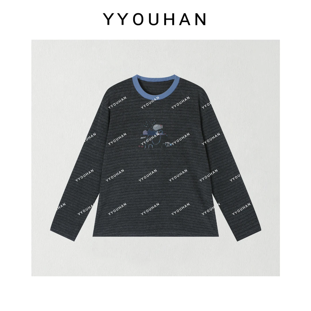 月月不吃鱼 小众设计简约百搭卡通老鼠长袖条纹上衣 2411B5156