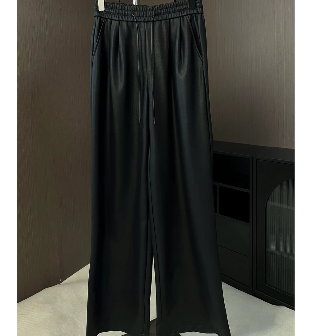 【年终特价】海宁正品皮裤百搭宽松阔腿裤设计师高腰拖地长裤子6016