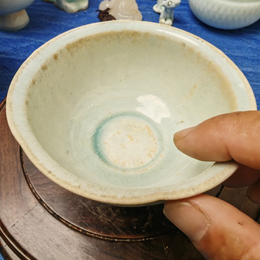 陶胎灰釉草纹小碗手工复古米饭碗日式釉下彩沙拉碗