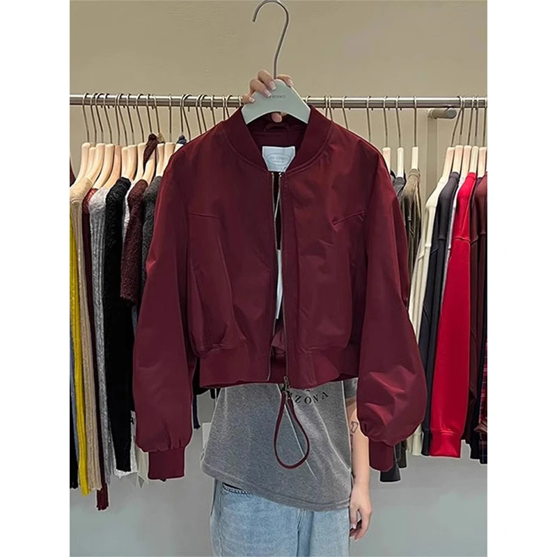 红色短款长袖休闲夹克外套女春季2025年新款美式薄款小个子棒球服
