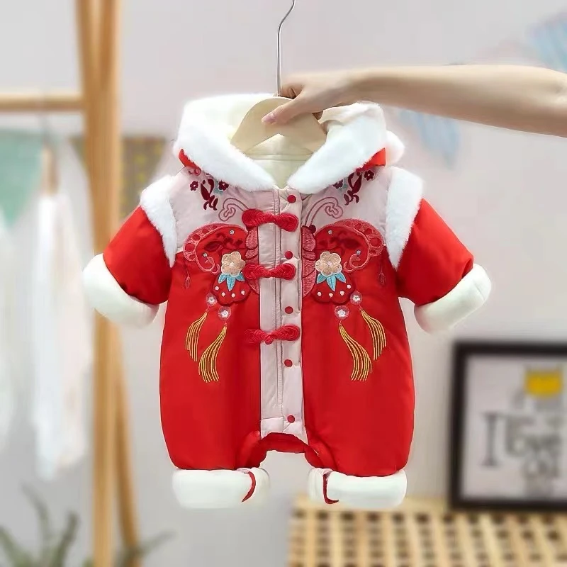 婴儿冬款加绒加厚连体衣新年女宝宝2022大爆款喜庆拜年爬服哈衣