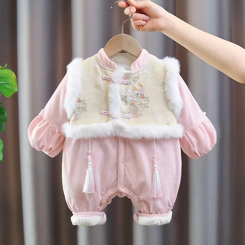 婴儿宝宝礼服连体衣加绒哈衣加厚婴幼儿满月新生儿冬季国风拜年服