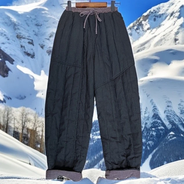 纯亚麻冬季新款复古亚麻夹棉棉裤女双层加厚内里抽绳松紧保暖长裤