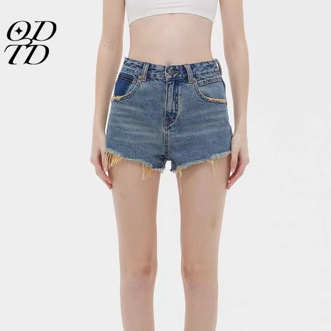 ODTD 24新款水洗做旧撞色毛边牛仔短裤