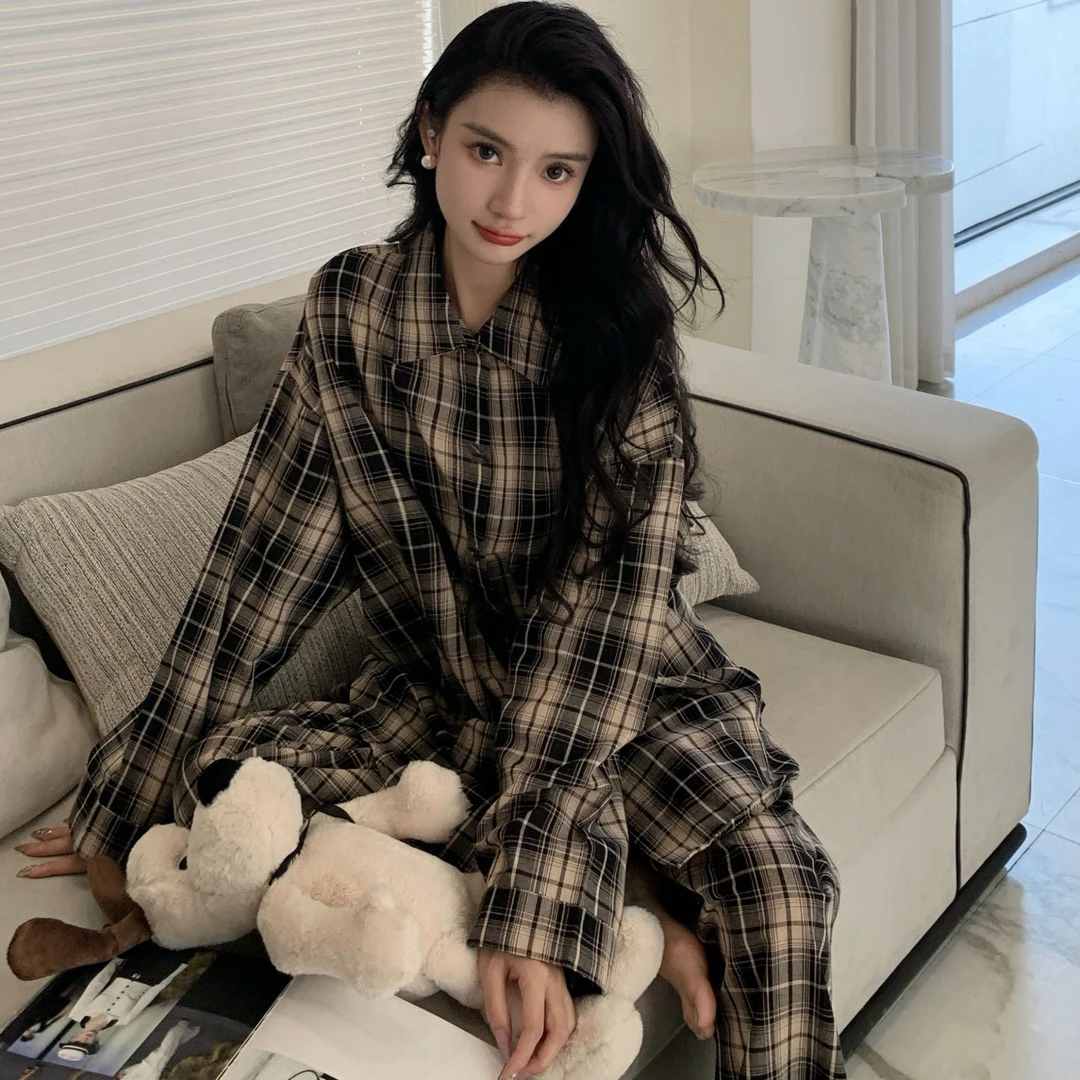 【摩登时代】2025新款衬衫格子睡衣女高级感休闲春秋长袖家居服套装