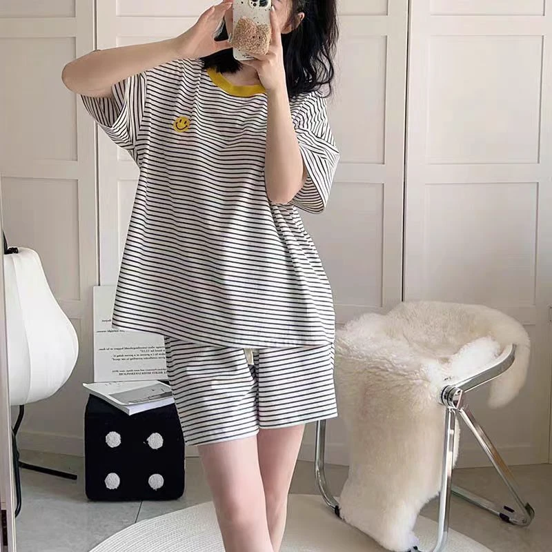 【笑脸条纹圆领三件套】夏季薄款睡衣家居服套装小众潮牌设计时尚女