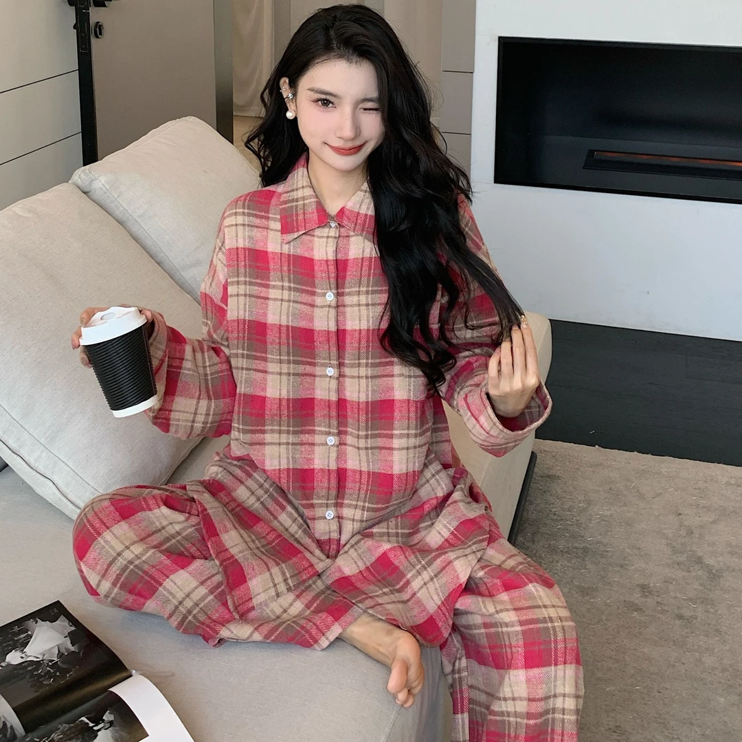 2024潮牌格子衬衫男女春秋季美式复古款式格纹长袖情侣睡衣套装