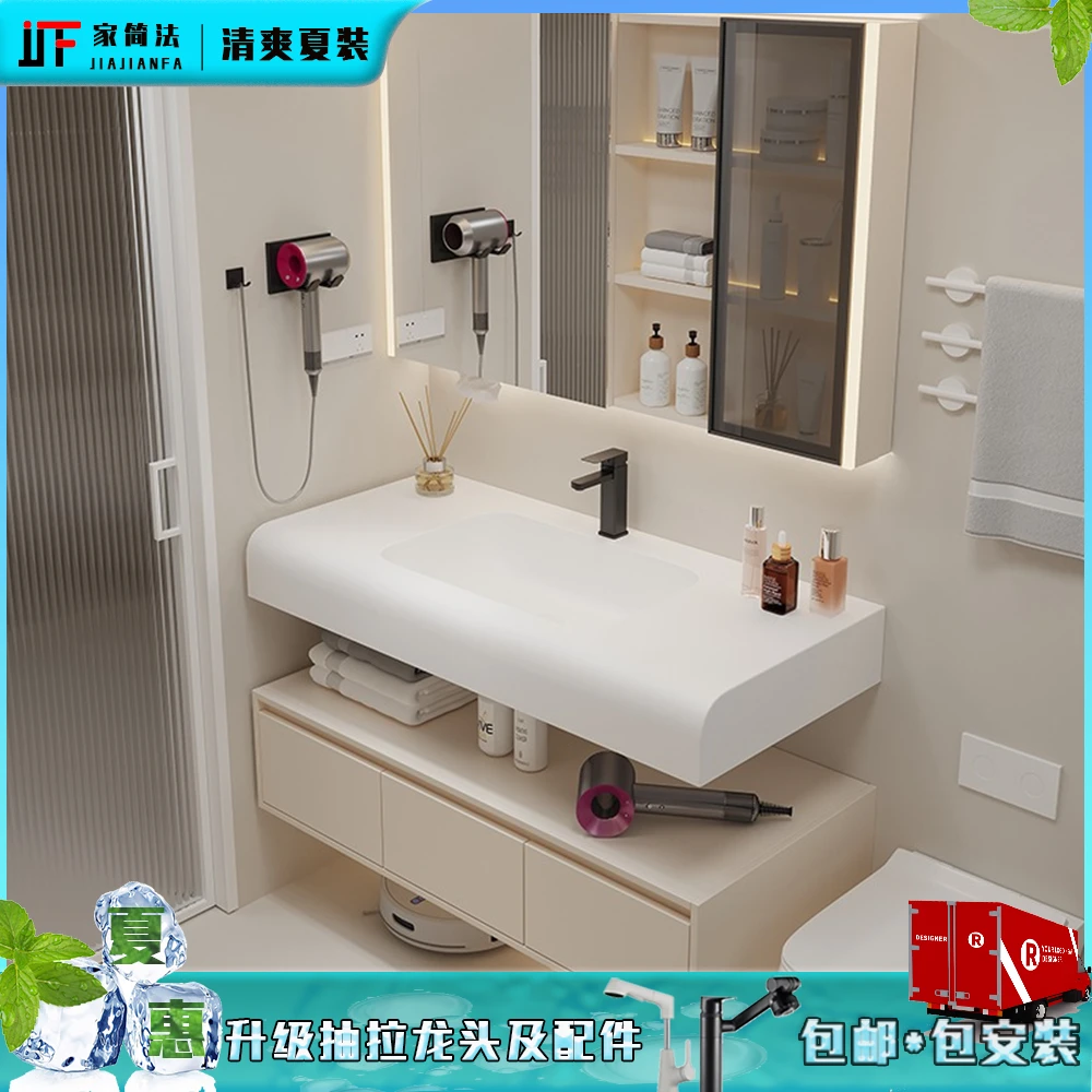 奶油风-可丽耐一体盆圆弧免漆浴室柜组合卫浴酒店风卫生间洗漱台