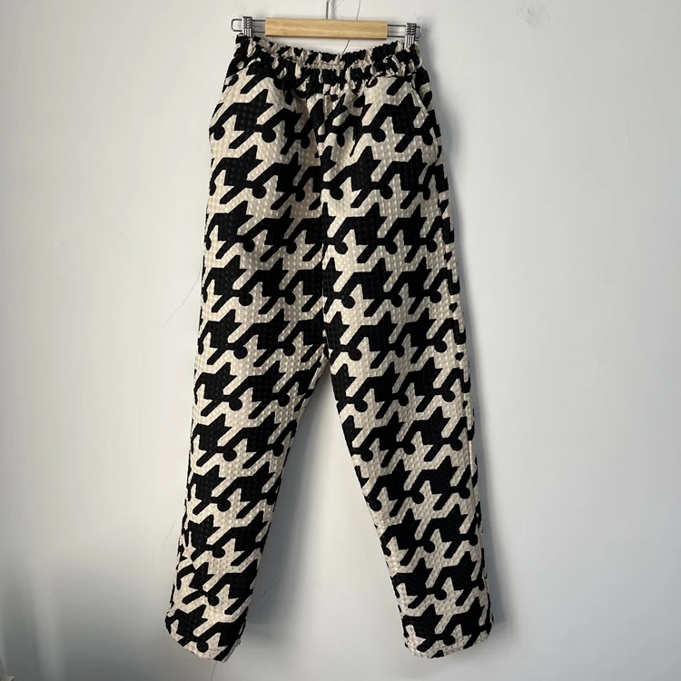 米黑色千鸟格提花原创设计师宽松简约大气个性男装百搭休闲长裤