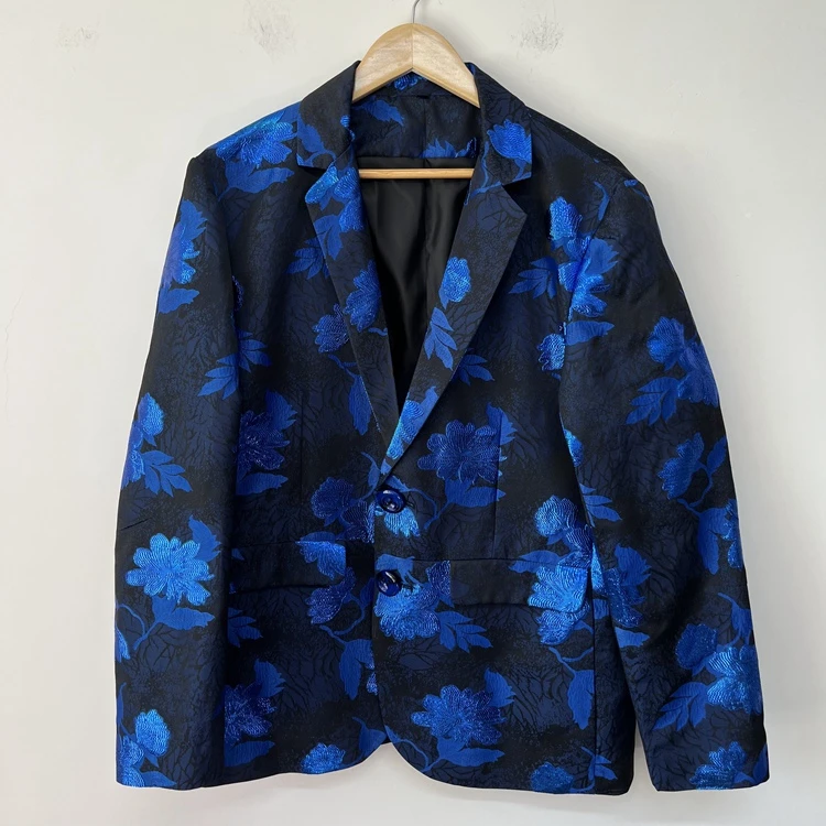 电光蓝织锦缎提花华丽高级感设计师男装个性休闲外套西服装